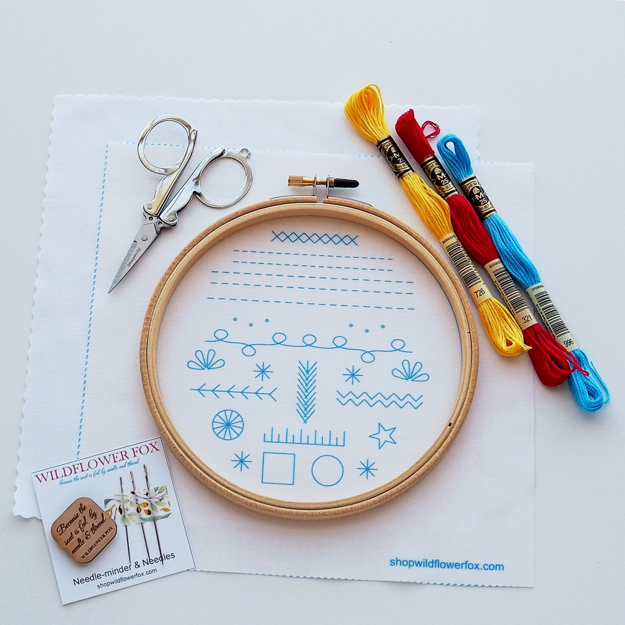 Beginners Hand Embroidery Starter Kit with Stitch Sampler Pattern Printed Fabric and Step by Step Instructional Guide