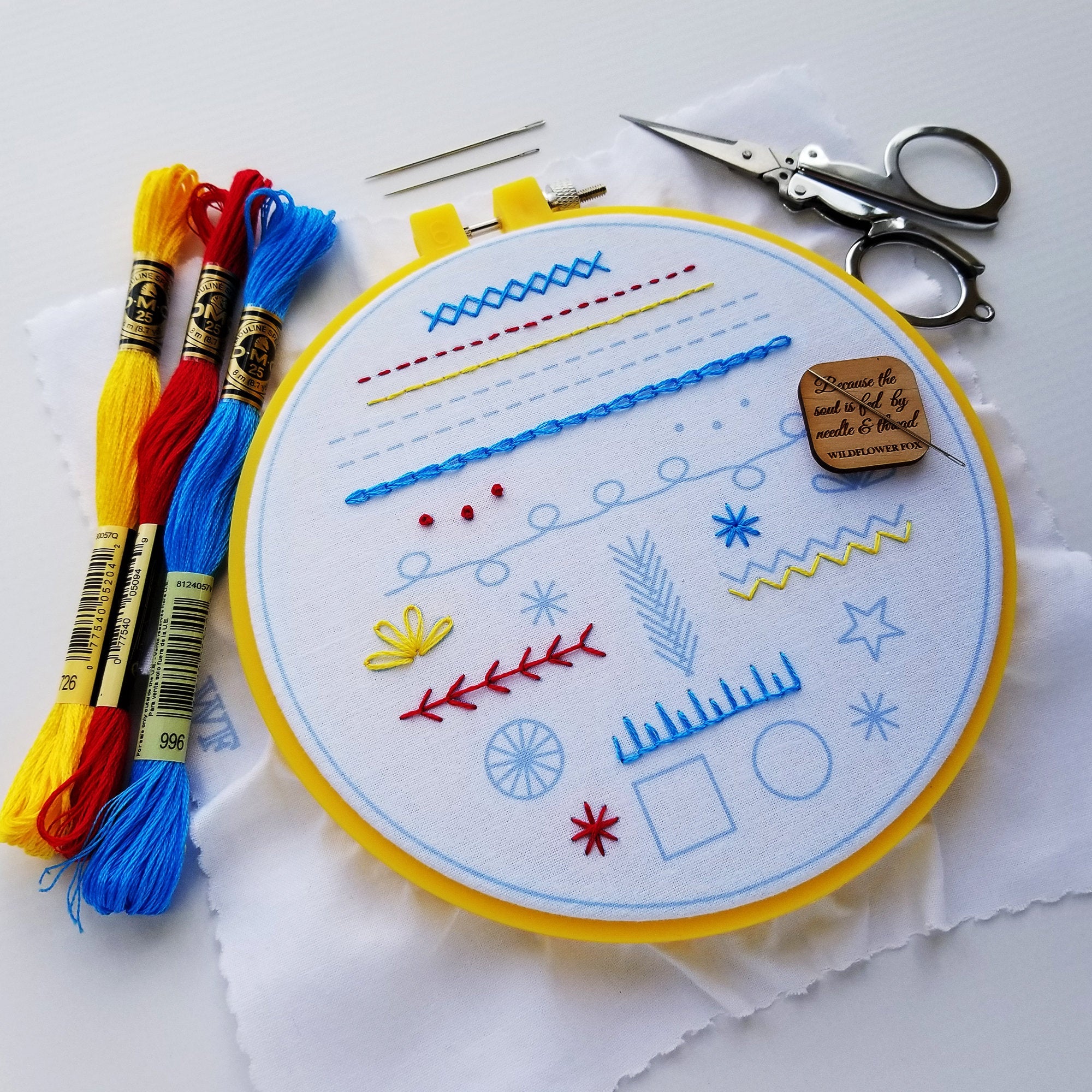 Beginners Hand Embroidery Starter Kit with Stitch Sampler Pattern Printed Fabric and Step by Step Instructional Guide