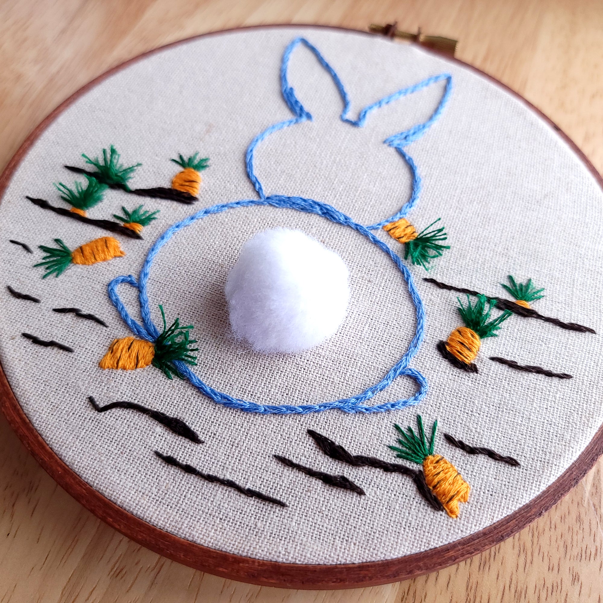 A blue hand embroidered rabbit with a white fluffy pompom tail 