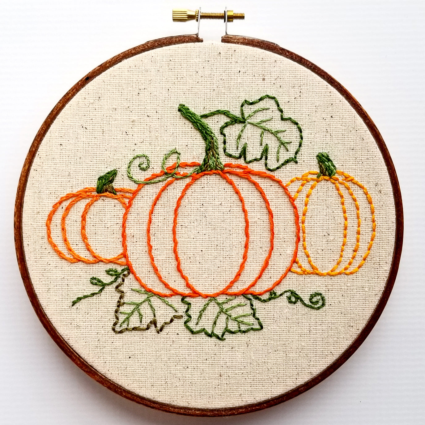 Pumpkin Trio hand embroidery pattern half stitched