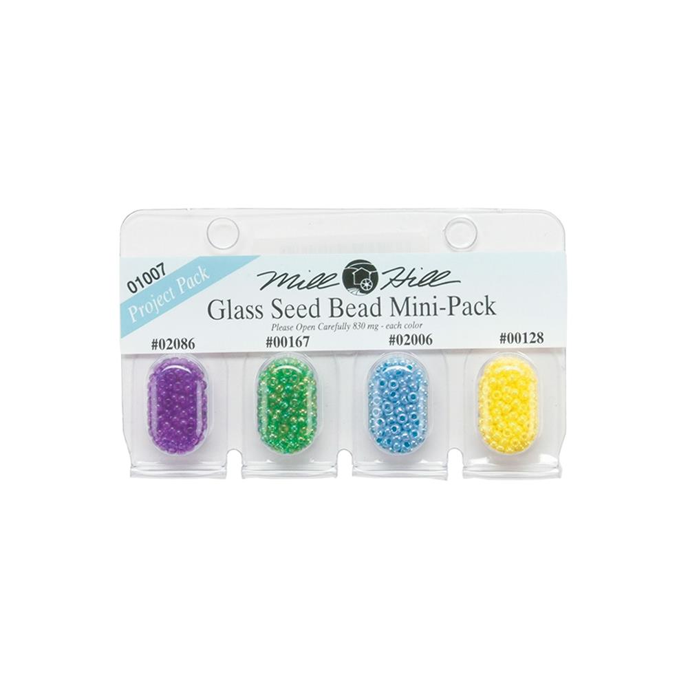 Glass seed bead mini pack with colors purple, green, blue, yellow