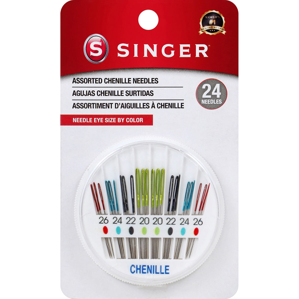 Singer Chenille Color Eye Needles 24 Pk - Sizes 20 - 26