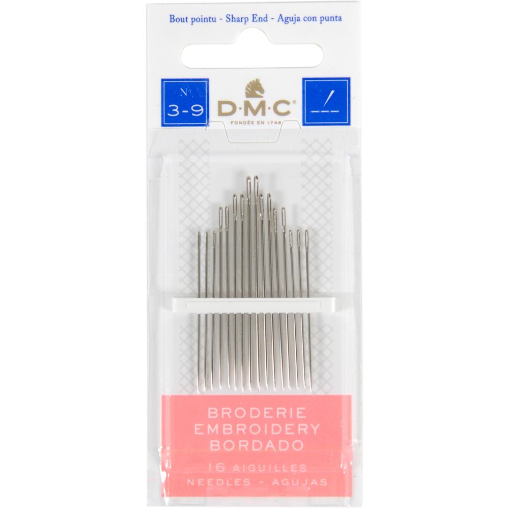 Package of DMC embroidery needles sizes 3-9