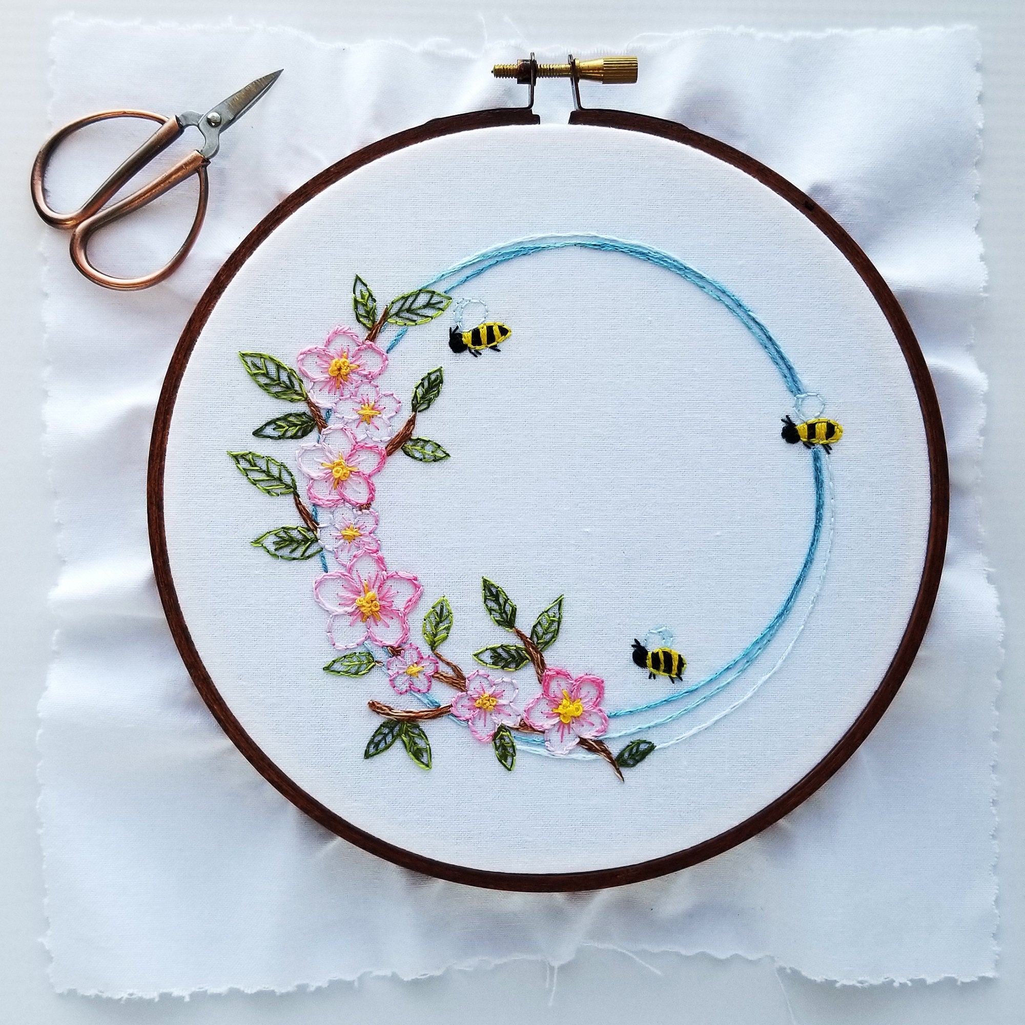 Kit - Apple Blossoms & Honey Bees Hand Embroidery Kit - Beginner Embroidery Kit with Printed Fabric