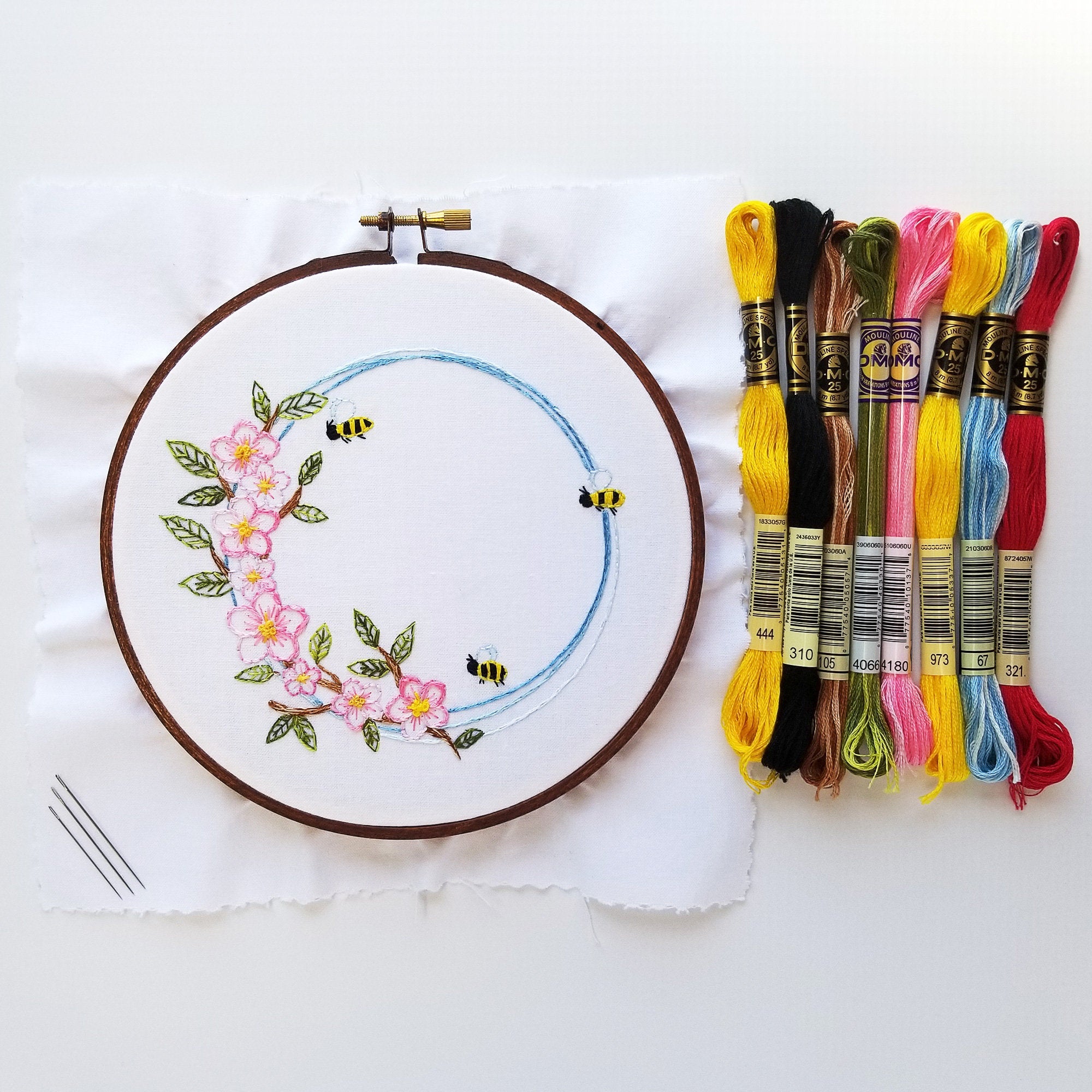 Kit - Apple Blossoms & Honey Bees Hand Embroidery Kit - Beginner Embroidery Kit with Printed Fabric