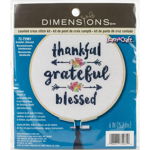 Kit - Counted Cross Stitch - Thankful - Grateful - Blessed with Hoop and Tassel