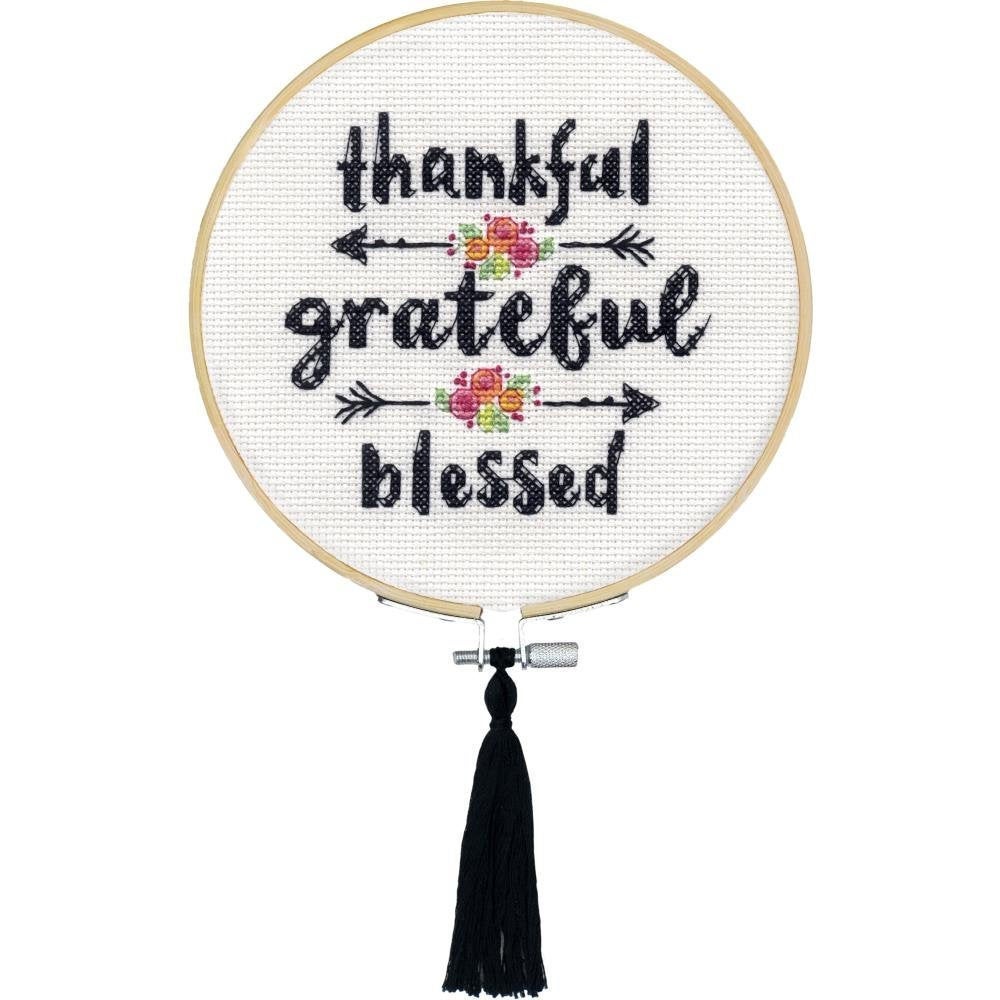 Kit - Counted Cross Stitch - Thankful - Grateful - Blessed with Hoop and Tassel