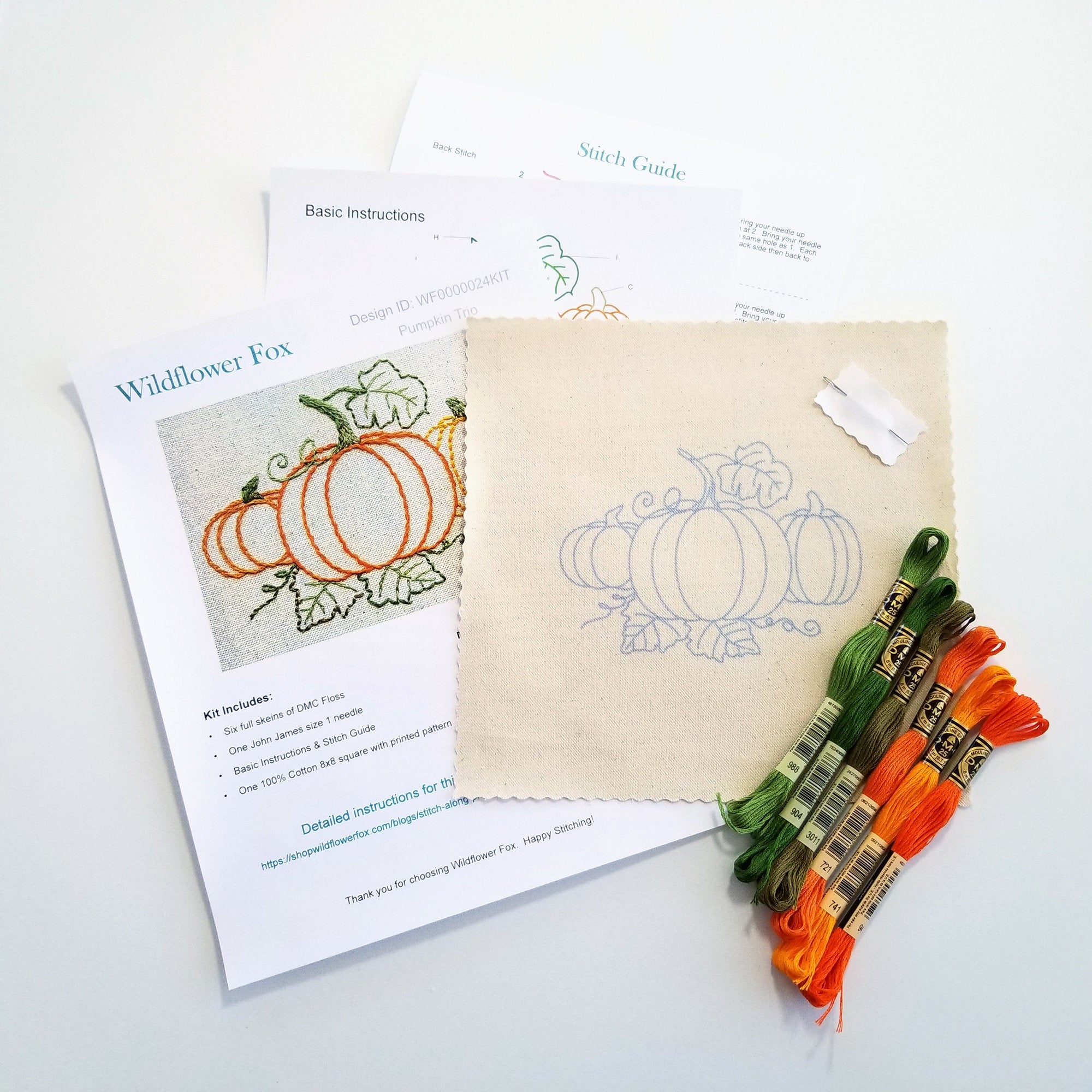 Pumpkin Trio Hand Embroidery Kit with Printed Fabric